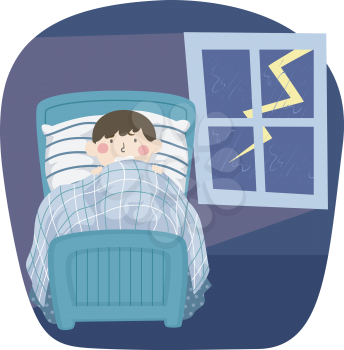 Illustration of a Kid Boy Being Scared of Lightning While Lying in Bed