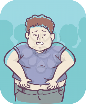 Illustration of a Fat Kid Boy Looking Sideways and Pulling His Shirt Down to Cover His Tummy