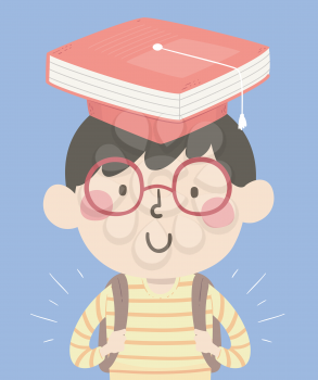 Illustration of a Kid Boy Student Carrying His Backpack and Wearing a Graduation Hat with a Book on Top of It