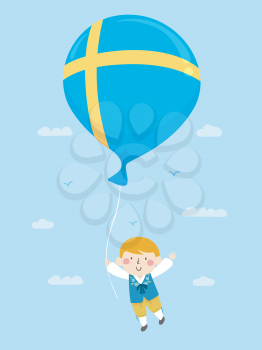 Illustration of a Kid Boy Wearing Swedish Costume and Being Carried By a Balloon with a Print of the Flag of Sweden