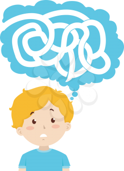 Illustration of a Kid Boy Looking Up to His Thinking Cloud with a Maze Inside