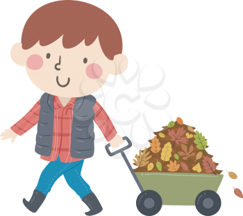 Illustration of a Kid Boy In the Farm Pulling a Wagon Full of Autumn Leaves
