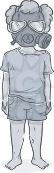 Illustration of a Kid Boy Wearing Gas Mask and Wearing No Shoes, War Victim