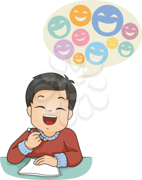 Illustration of a Kid Boy Laughing and Writing Jokes on Paper with a Speech Bubble with Full Smiley Faces