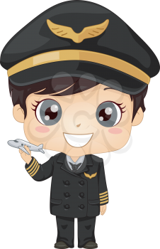 Illustration of a Kid Boy Wearing Pilot Uniform and Holding a Toy Plane