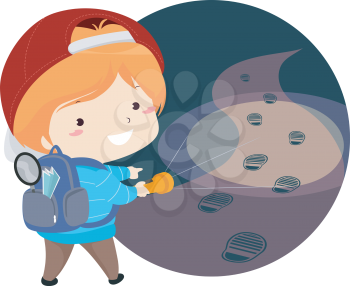 Illustration of a Kid Boy Detective Holding Flashlight and Pointing to Footsteps He Found in the Dark