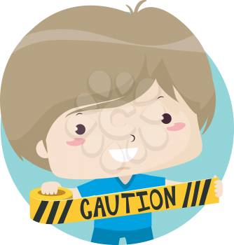 Illustration of a Kid Boy Holding and Setting Up a Border Using a Caution Yellow Tape