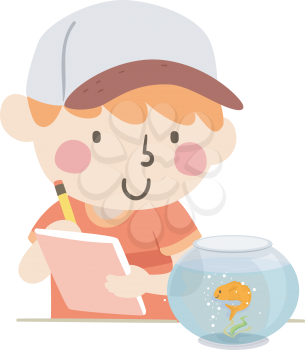 Illustration of a Kid Boy Writing Notes about His Observation of His Gold Fish in a Fish Bowl