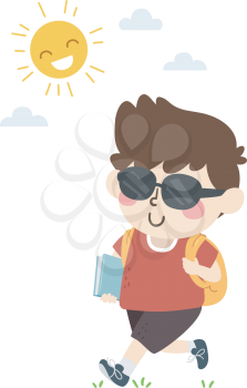 Illustration of a Kid Boy Student Walking to School with Backpack, Book and Wearing Sunglasses
