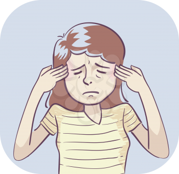 Illustration of a Girl Holding Her Forehead in Pain. Headache