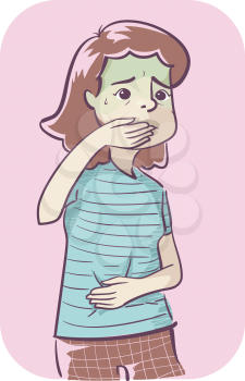 Illustration of a Girl Covering Her Mouth, Holding Her Stomach and Feeling Nauseous