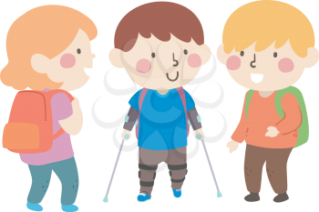 Illustration of a Kid Boy Wearing Leg Braces and Going to School and Greeted by Other Kids