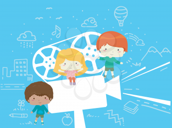 Illustration of Kids with Film Projector Projecting Movies with Different Entertainment Doodles