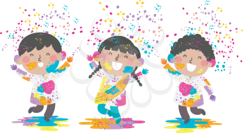Illustration of Indian Kids Wearing White and Playing with Holi Powder