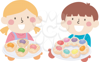 Illustration of Kids Wearing Apron and Presenting Easter Egg Bread They Baked