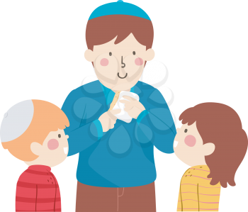 Illustration of Jewish Kids with Father Holding Afikoman for Passover