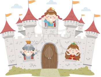 Illustration of Kids Wearing King, Queen and Knight Costumes Waving From Inside a Big Castle