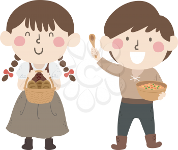 Illustration of Kids Wearing Medieval Peasant Costume Carrying a Basket of Bread and a Bowl of Soup