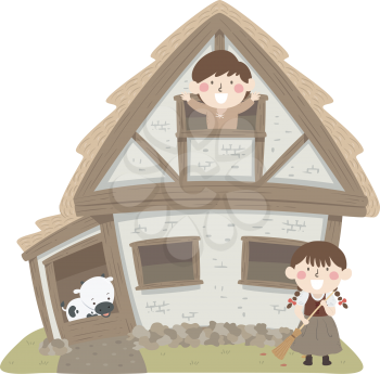 Illustration of Medieval Kids In Peasant Costume in a House with Barn and Cow Inside