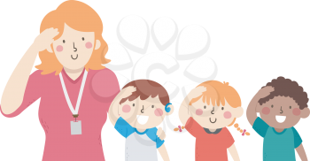 Illustration of Mute Kids and Teacher with Hand on Head, Gesturing Hello