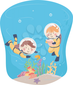 Illustration of Kids Scuba Diving and Writing Notes Underwater