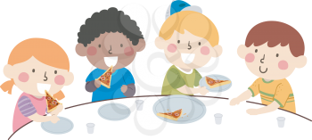 Illustration of Kids Eating Pizza, Each Having a Slice of Pizza
