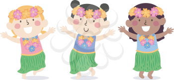 Illustration of Kids Wearing Hawaiian Costume with Flower Necklace and Headdress