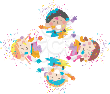 Illustration of Kids Looking Up with Holi Powder Falling