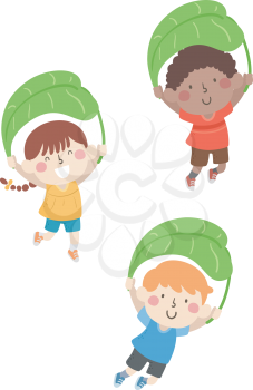 Illustration of Kids Jumping and Falling Down Holding a Make Shift Leaf Parachute, Fantasy