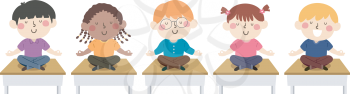 Illustration of Kids Sitting Down on Top of their Desks In Class for Meditation