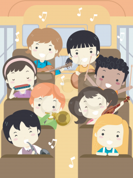 Illustration of Kids Singing and Playing Musical Instrument Riding Music Camp Bus
