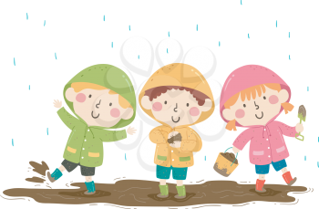 Illustration of Kids Wearing Raincoat and Boots Playing in the Mud