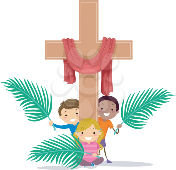 Illustration of Stickman Kids Holding Palm Leaves with a Wooden Cross with Red Cloth