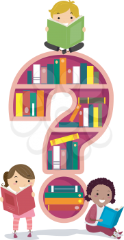 Illustration of Stickman Kids Reading a Book with a Question Mark Shaped Book Shelf