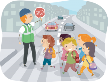 Illustration of Stickman Kids Students Crossing the Street with Help from Crossing Guard Holding Stop Sign