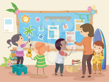 Illustration of Stickman Kids Making a Hawaiian Theme Bulletin Board with their Teacher