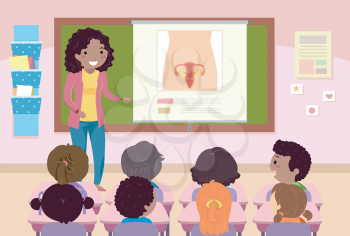 Illustration of a Teacher Teaching Female Reproductive Organ to Students in Her Class