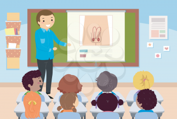 Illustration of Stickman Teacher Teaching Male Reproductive System to Students