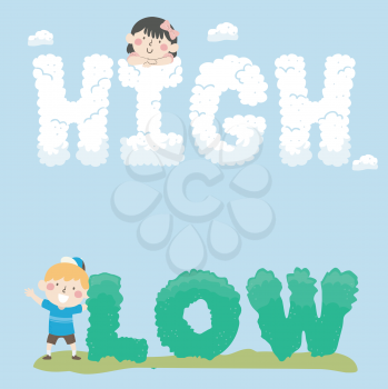 Illustration of Kids with High and Low Lettering Made from Clouds and Shrub
