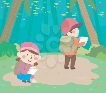Illustration of Kids Writing on their Notebooks Documenting What They See in the Forest During Camping Trip