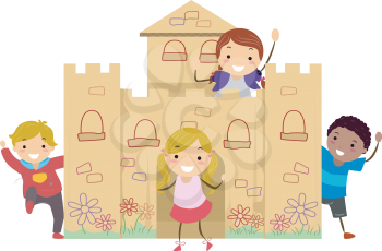 Illustration of Stickman Kids with a Cardboard Castle for a School Play