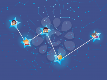 Illustration of Stickman Kids on Stars in Cassiopeia Constellation