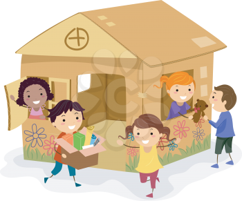 Illustration of Stickman Kids Playing Inside a Cardboard House