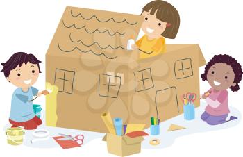 Illustration of Stickman Kids with Glue, Paint and Paper Making a Big Cardboard House