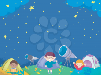 Background Illustration of Kids Camping Outdoors with Big Telescopes Looking at the Stars