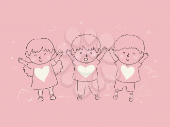 Illustration of Kids and Heart Doodles with their Hands Up. Raising Children Full of Love