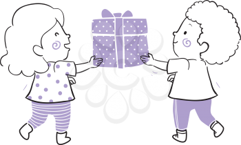 Illustration of Kids Holding a Big Gift, Giving and Receiving Concept