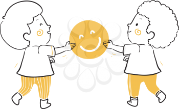 Illustration of Kids Boy Holding a Smiling and Happy Smiley. Giving and Receiving Happiness