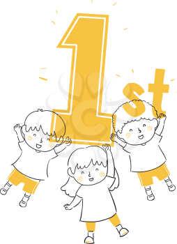 Illustration of Kids Winning and Holding First Trophy Lettering