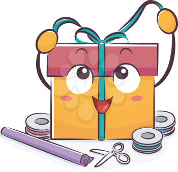 Illustration of a Gift Mascot Tying Its Ribbon for Gift Giving